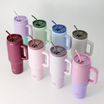 Isolierter Edelstahl Kaffeebecher 1,1L mit Griff und Strohhalm für Reise Büro Uni Sport - Rosa Lila BPA frei auslaufsicher