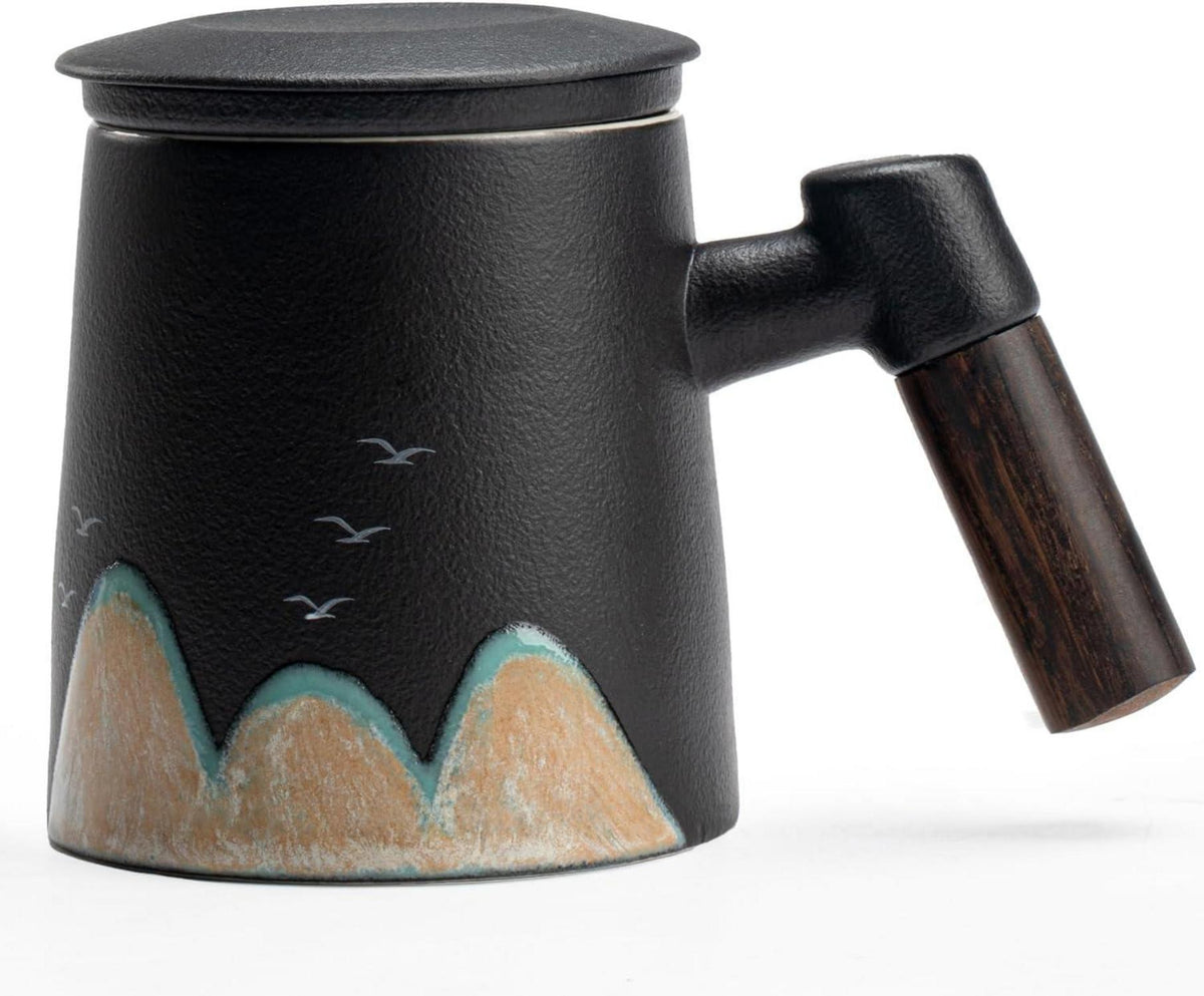 Handgemalter Teebecher mit Deckel und Holzgriff