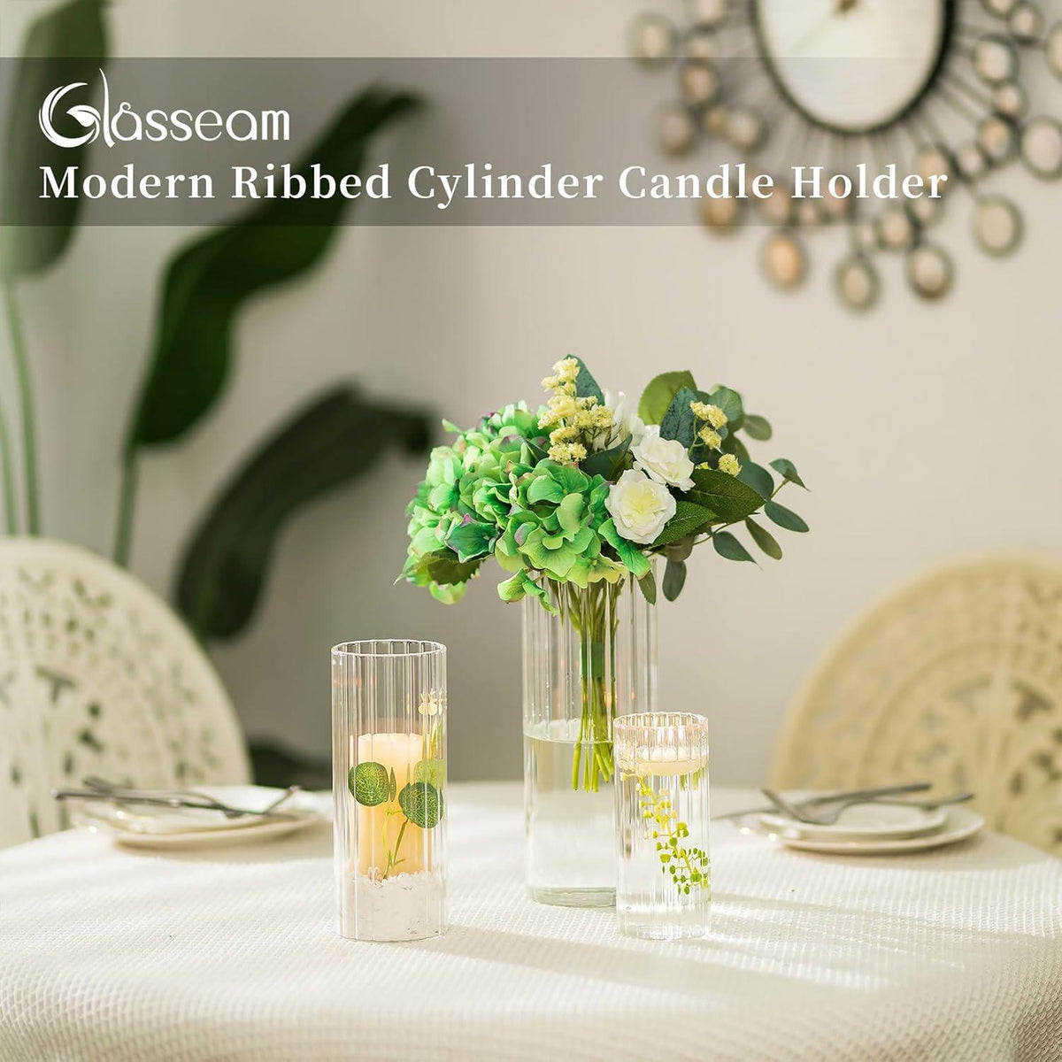 Windlicht Glas Set Kerzenhalter Stumpenkerzen Kerzenständer