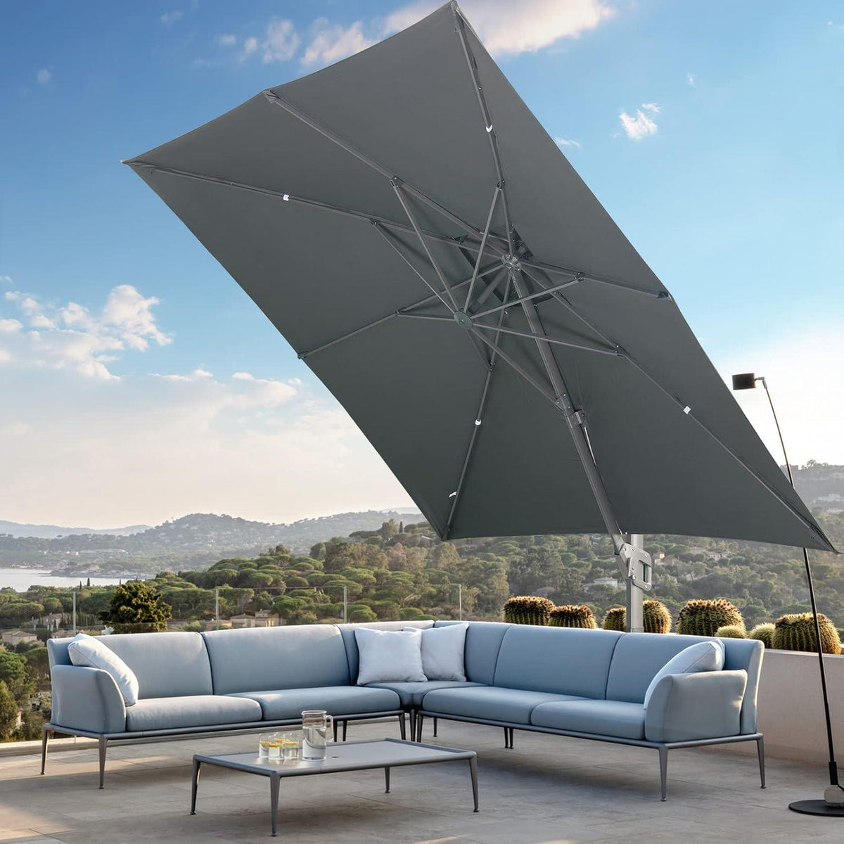 Sonnenschirm Quadratisch 300x300 cm mit Ständer und Kurbel, Grau