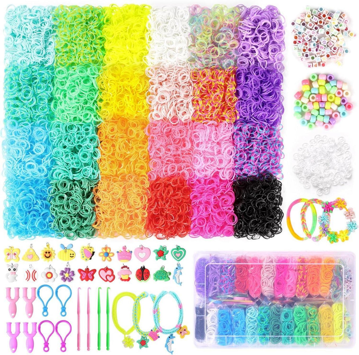 Loom Bänder Set 12200+ Armbänder 24 Farben Gummiband Perlen Charms Haken Box