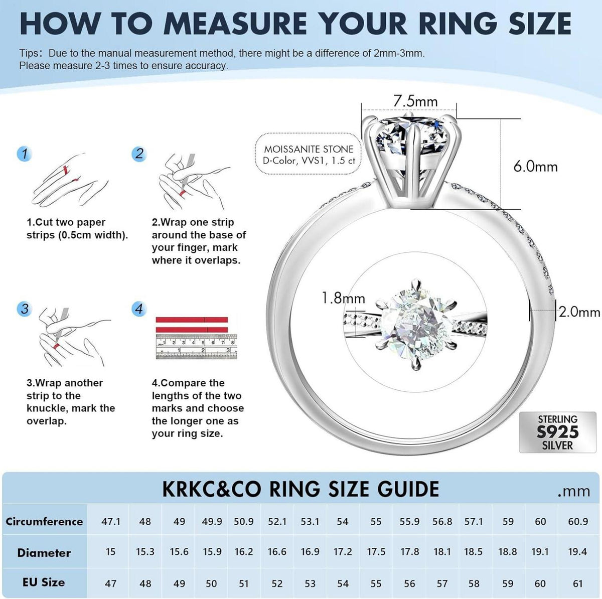 Moissanit Verlobungsring Damen 1,5 Karat D Diamant VVS1 925