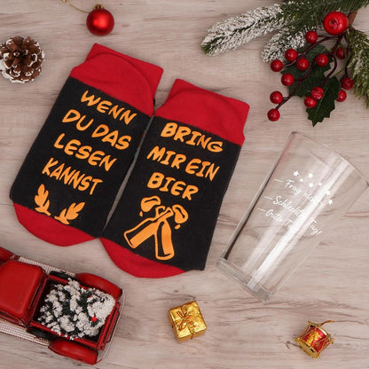 Lustiges Bierglas und Socken Set Geschenk für Männer und Frauen
