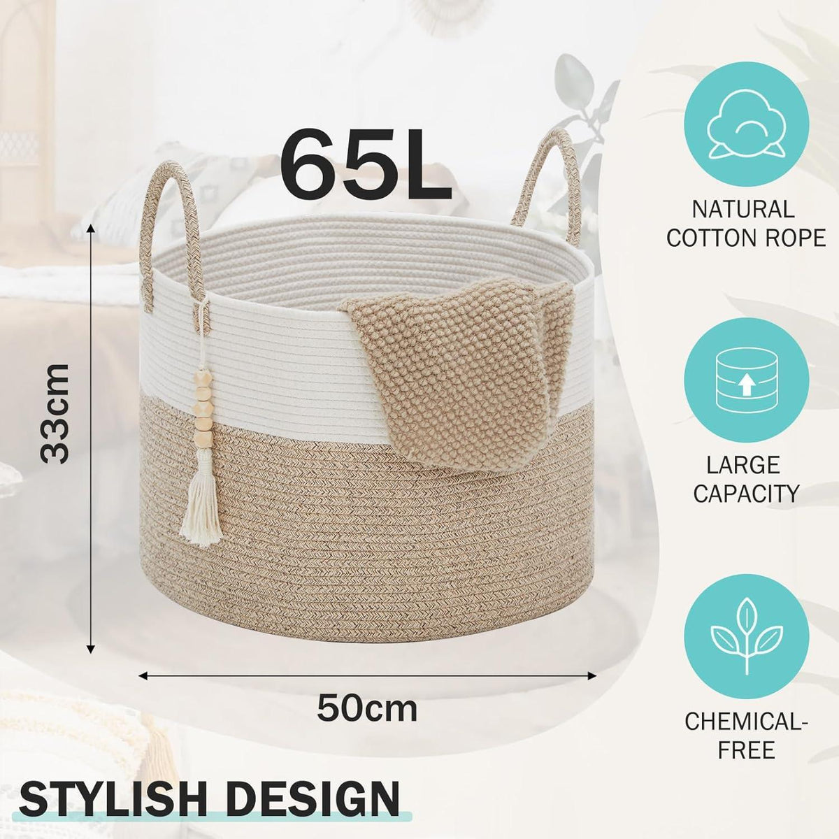 Geflochtener Wäschekorb Braun 50x33cm – Großes Aufbewahrungsgeflecht