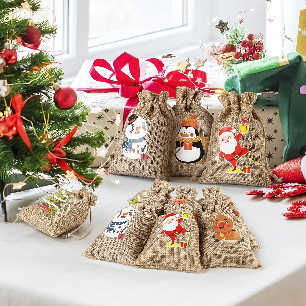 12 Weihnachts Jutesäcke Kordelzug hessische Geschenktüten Party Favors