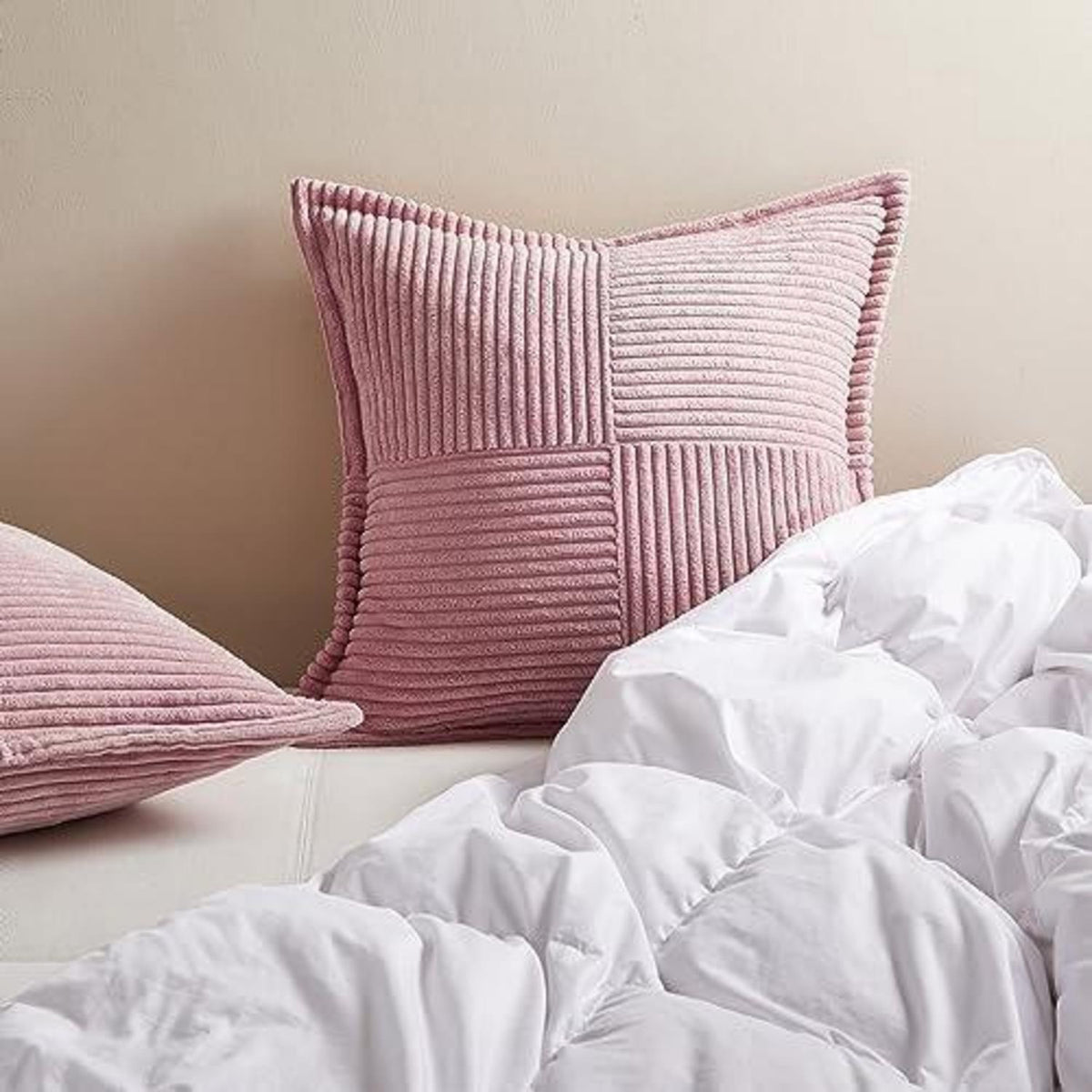 2er Set Kissenbezüge 40x40 Rosa Kordsamt Geometrisches Muster