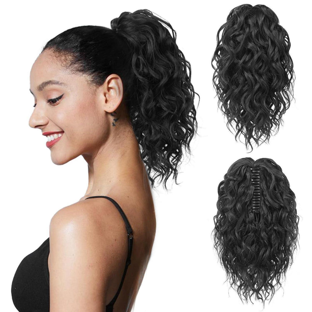 Welliges Pferdeschwanz Haarverlängerung mit Clip – 31cm Schwarz