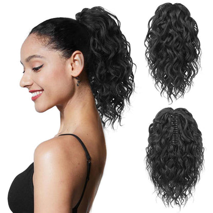 Welliges Pferdeschwanz Haarverlängerung mit Clip – 31cm Schwarz