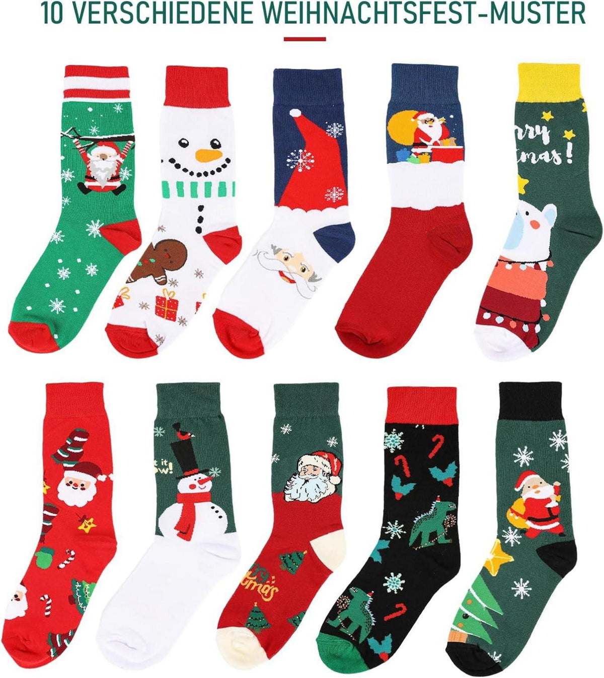 EDWINENE Unisex-Weihnachtssocken Set 10 Paar Baumwollsocken