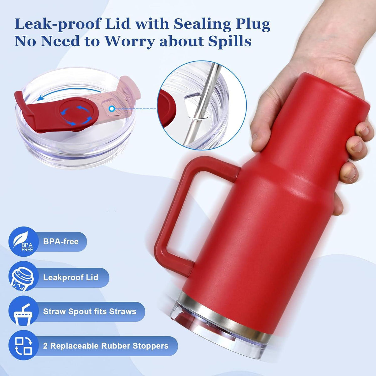 Livole 40oz Edelstahl Thermobecher mit Griff, Deckel und Strohhalm Rot