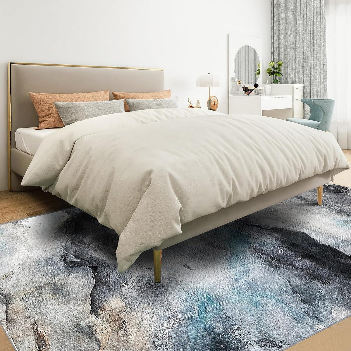 Kurzflor Teppich Modern Blau 120x170 Weich Rutschfest Waschbar