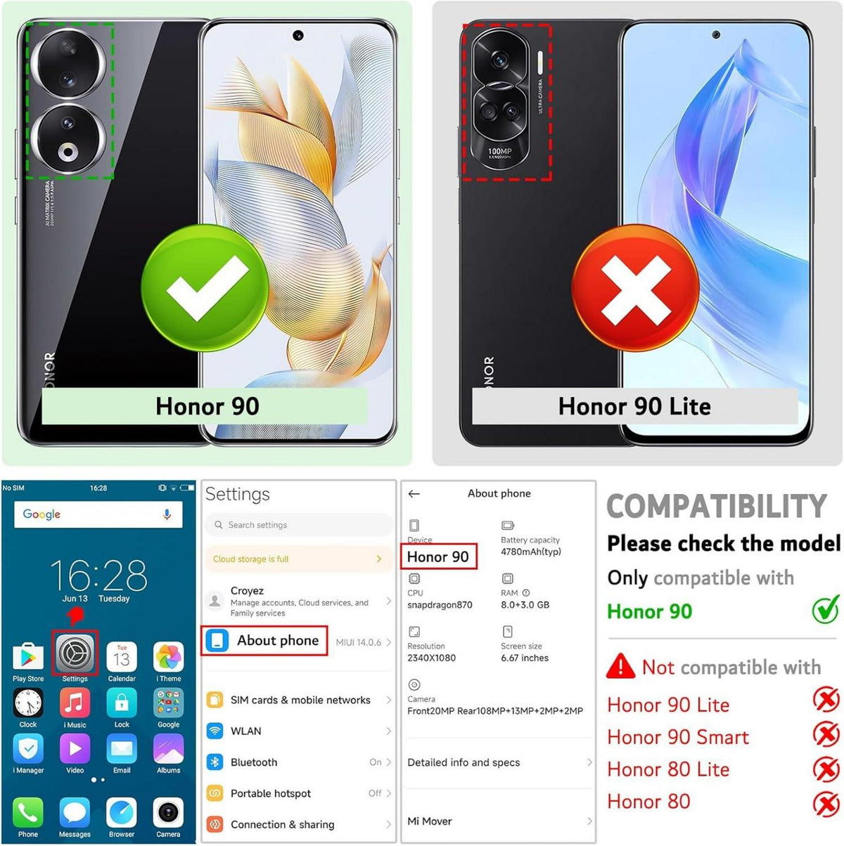 Honor 90 Handyhülle Leder Klapphülle mit Kartenschlitzen
