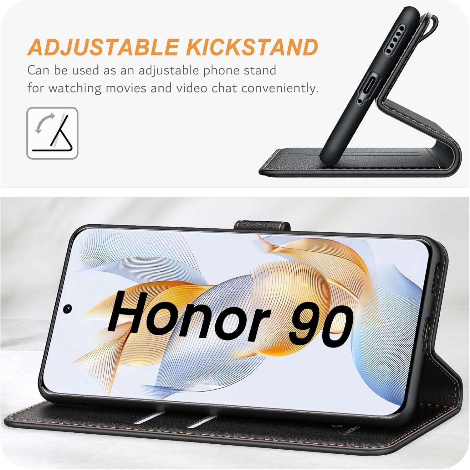 Honor 90 Handyhülle Schwarz Leder Klapphülle Kartenschlitz