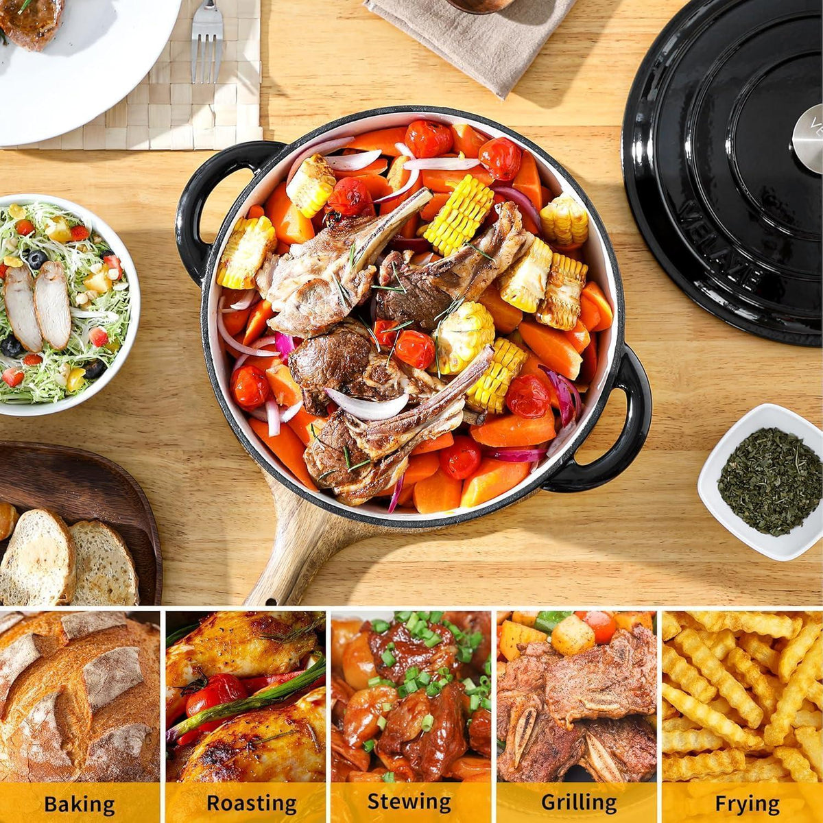 Emaillierter Gusseisen-Dutch Oven 7,5 QT mit Deckel, Schwarz