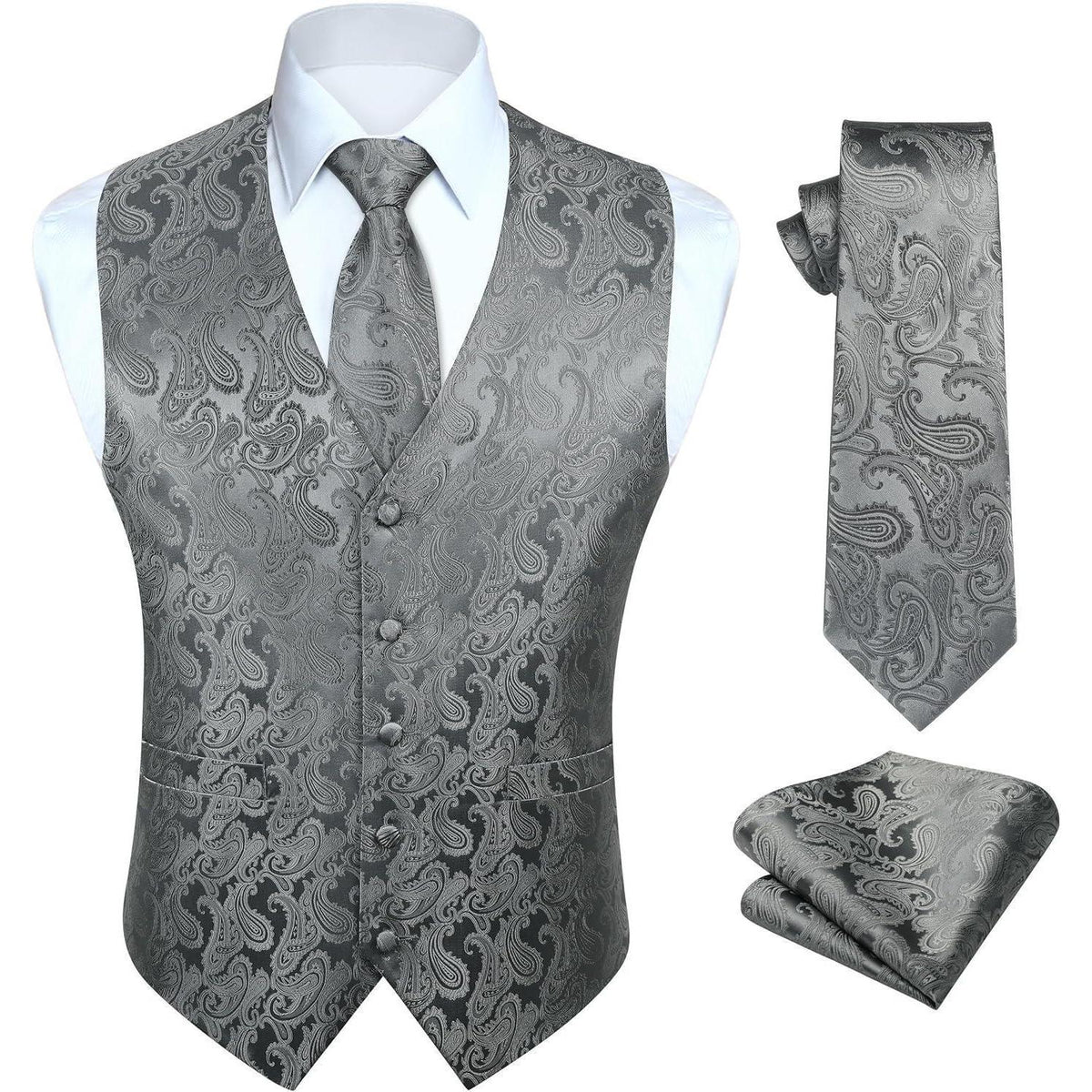 Herren Weste Krawatte Einstecktuch Set Grau L Jacquard Anzug Weste