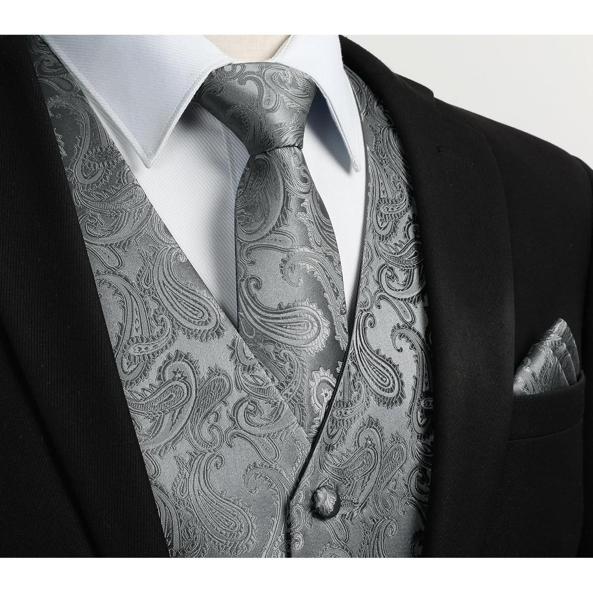 Herren Weste Krawatte Einstecktuch Set Grau L Jacquard Anzug Weste