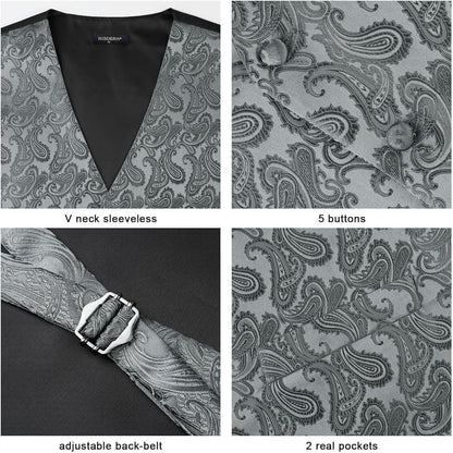 Herren Weste Krawatte Einstecktuch Set Grau L Jacquard Anzug Weste