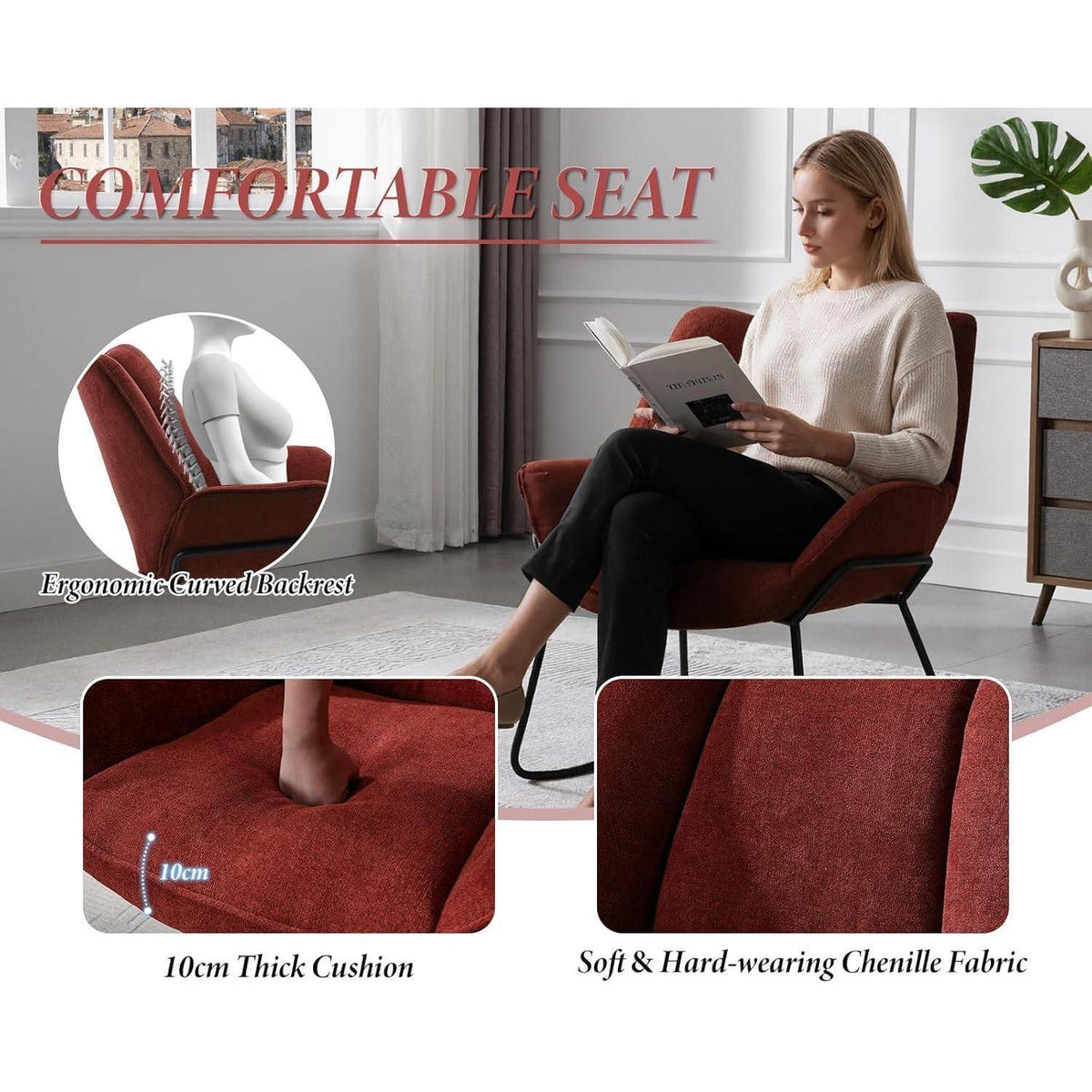 Chenille Loungesessel Dunkel Rot – Modern & Bequem für Wohnzimmer