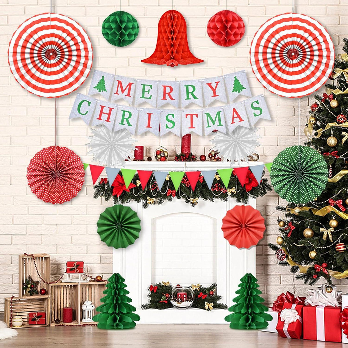 Weihnachtsdeko Set Merry Christmas Banner Girlande Papier Faltung Baumaufhänger