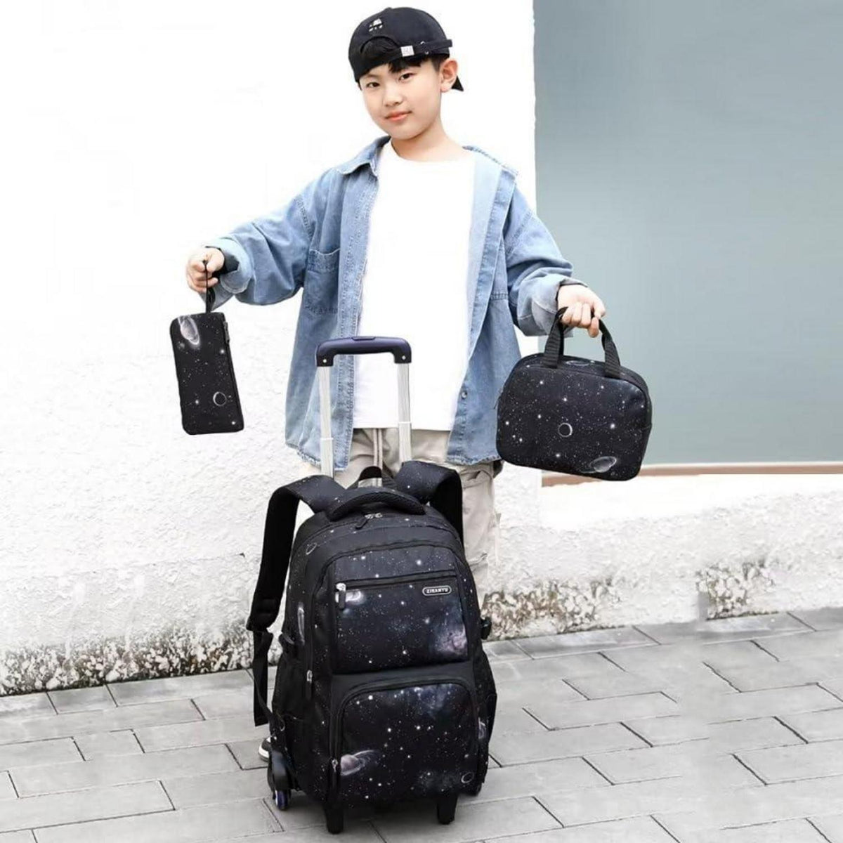 Schulrucksack Jungen Trolley Set mit Lunch Tasche & Federmäppchen Schwarz
