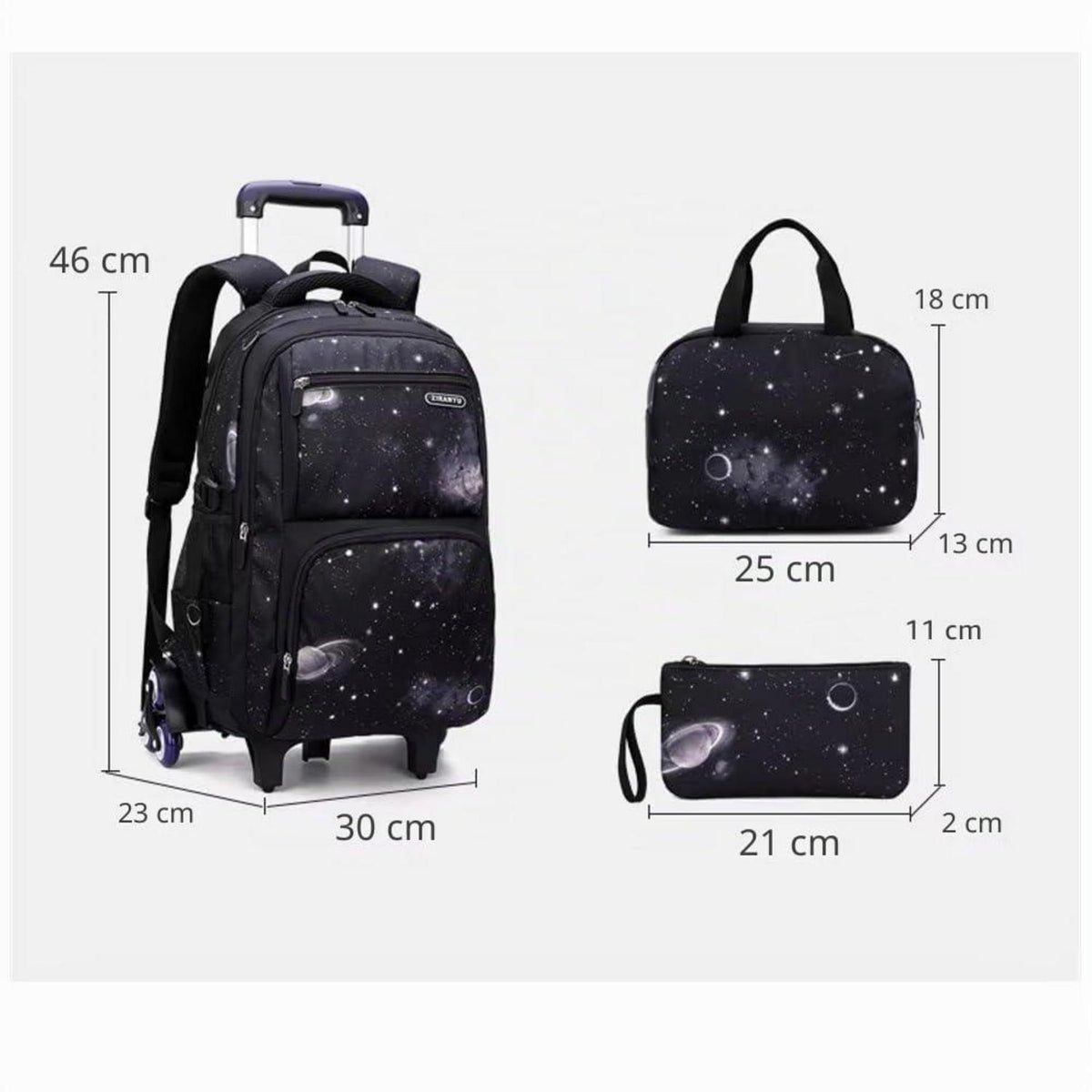 Schulrucksack Jungen Trolley Set mit Lunch Tasche & Federmäppchen (Blaue Galaxie)