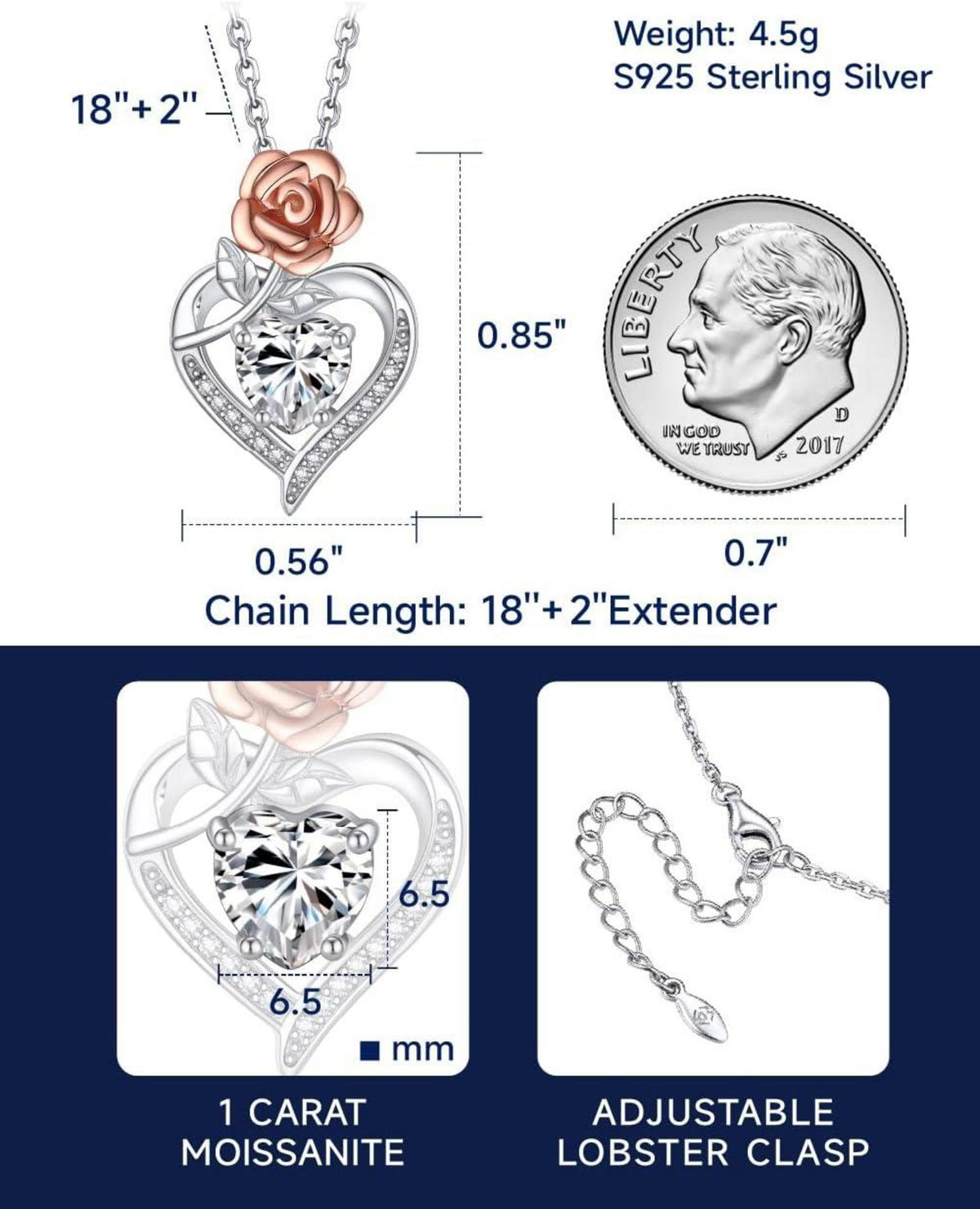 Moissanite Herz Anhänger Kette Silber 925 Herz Rose Blume mit