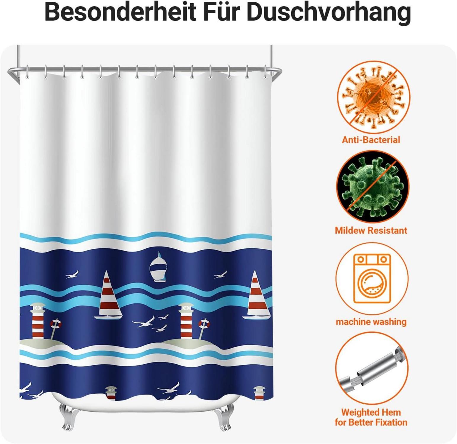 Lerores Duschvorhang Blaues Segel 200x200cm Antischimmel Textil, Waschbar, Ösen