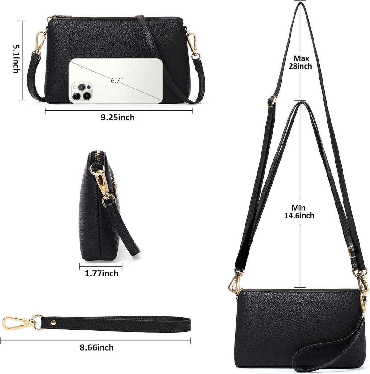 Damen Umhängetasche Crossbody Bag Verstellbar Schwarz A01-1