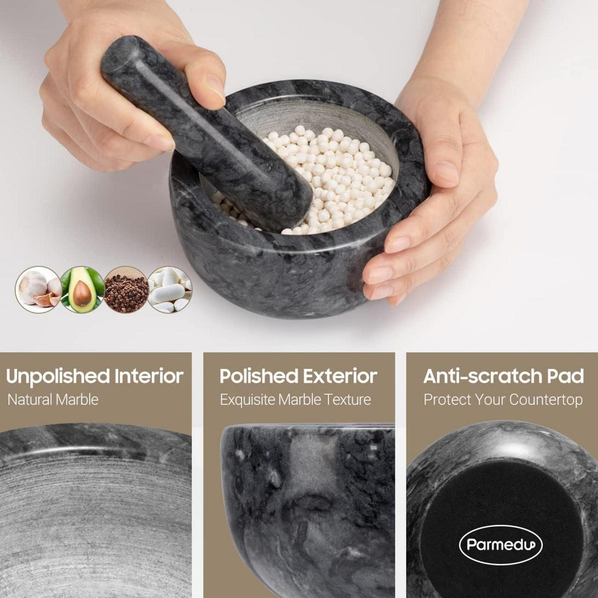 Parmedu Marmor Mörser und Stößel Set 14cm Naturmarmor Schwarz Kräuter Pillenzerkleinerer
