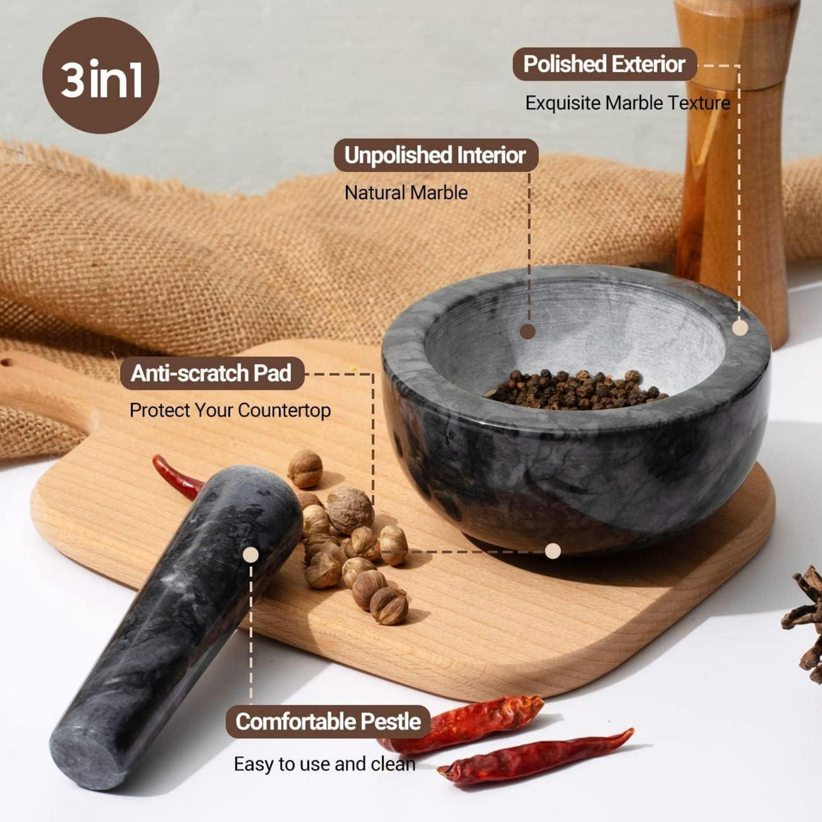 Marmor Mörser und Stößel Set Naturmarmor 14cm Manuell Schwarz
