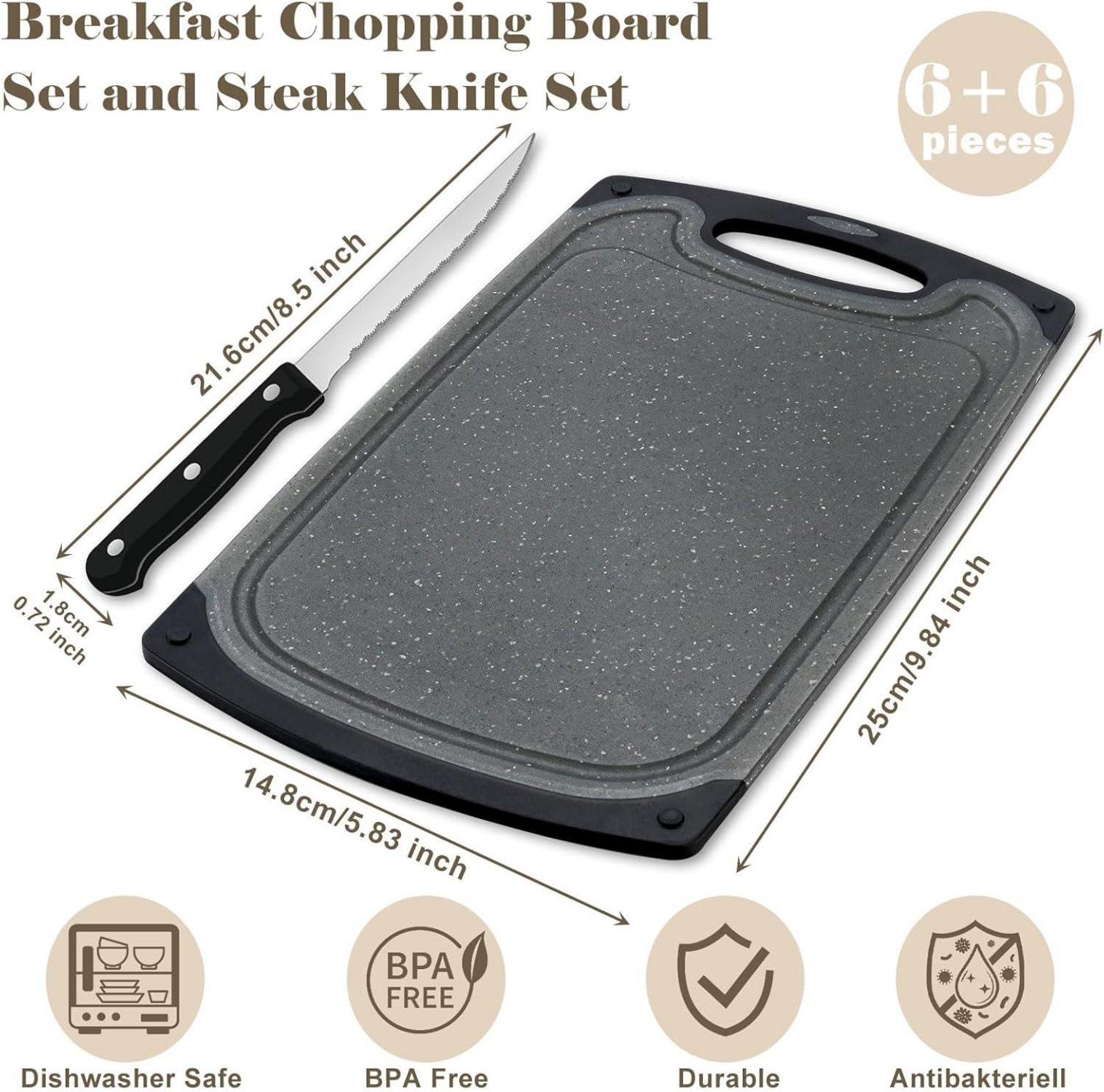 Frühstücksbrettchen Set mit Steakmessern 6er Kunststoff BPA
