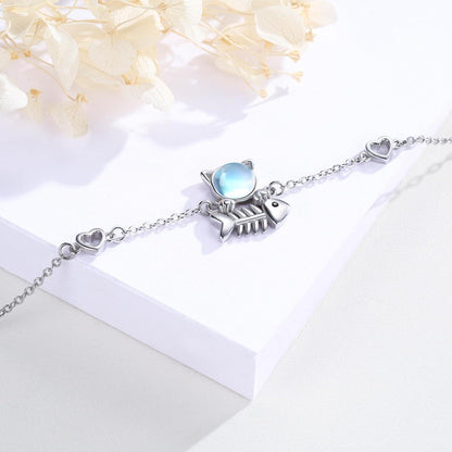 TRISHULA 925 Sterling Silber Katze Mondstein Armband 7 Zoll