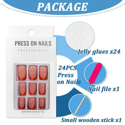 24er Set Glänzende French Fake Nails, Eckige Kurze Kunstnägel Press on diverse