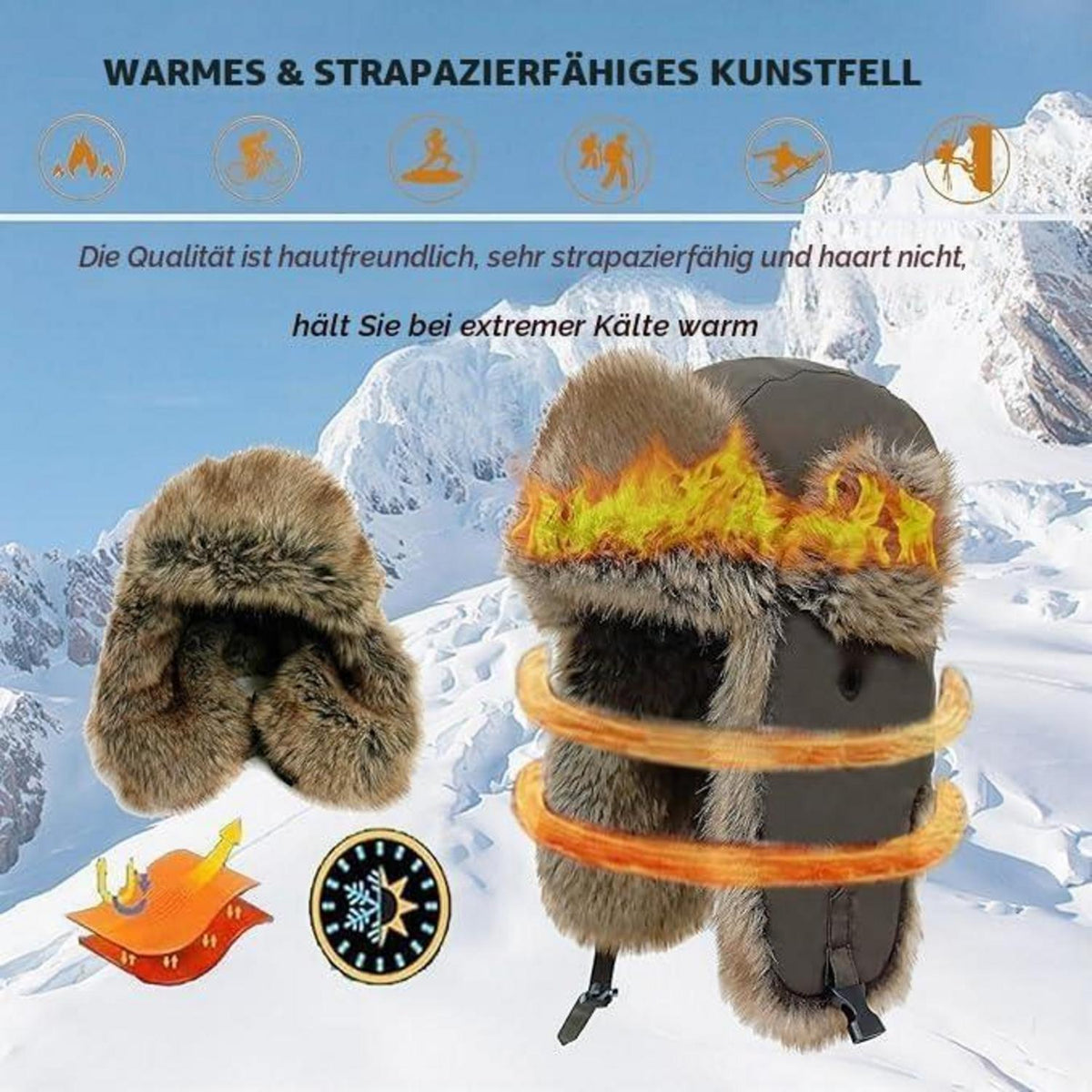 Trapper-Mütze mit Kunstpelz für Herren und Damen, Braun