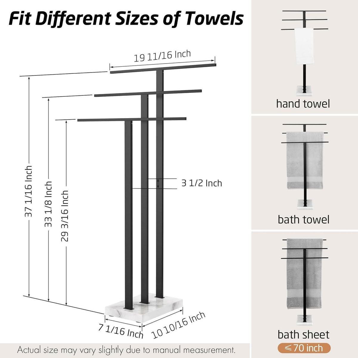 Freistehender Handtuchständer mit 3 Stangen und Marmorsockel Schwarz