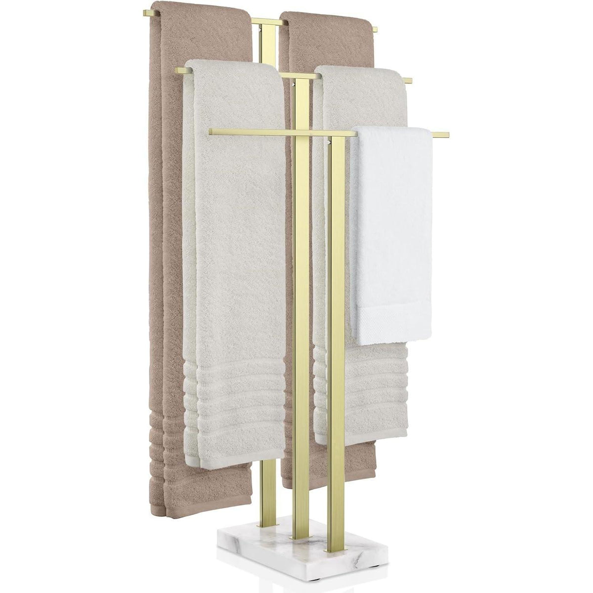 Freistehender Handtuchständer Gold, 3 Stangen, Marmor & Edelstahl