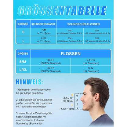 Vollgesichts-Tauchmaske mit Flossen, Schnorchelset Grün S/M