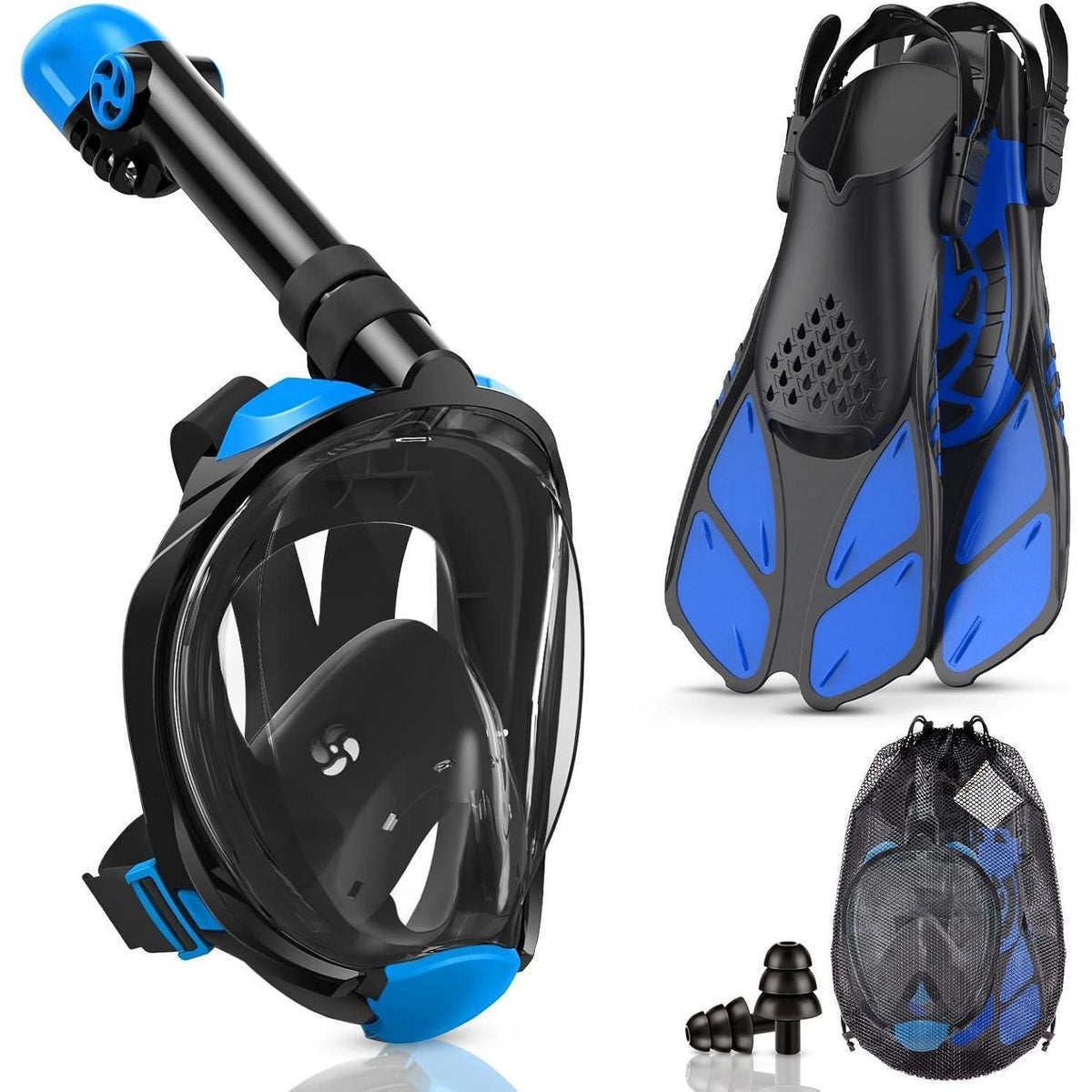 Vollgesichts-Tauchmaske mit Flossen, Schnorchelset L/XL Schwarz-Blau