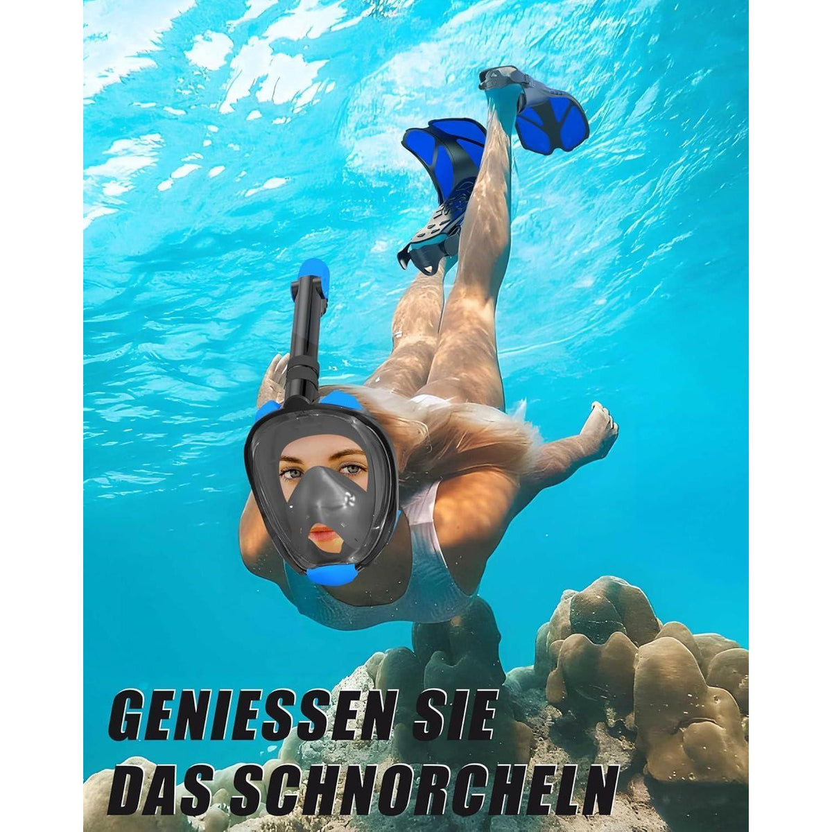 Vollgesichts-Tauchmaske mit Flossen, Schnorchelset L/XL Schwarz-Blau
