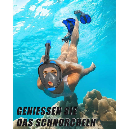 Vollgesichts-Tauchmaske mit Flossen, Schnorchelset L/XL Schwarz-Blau