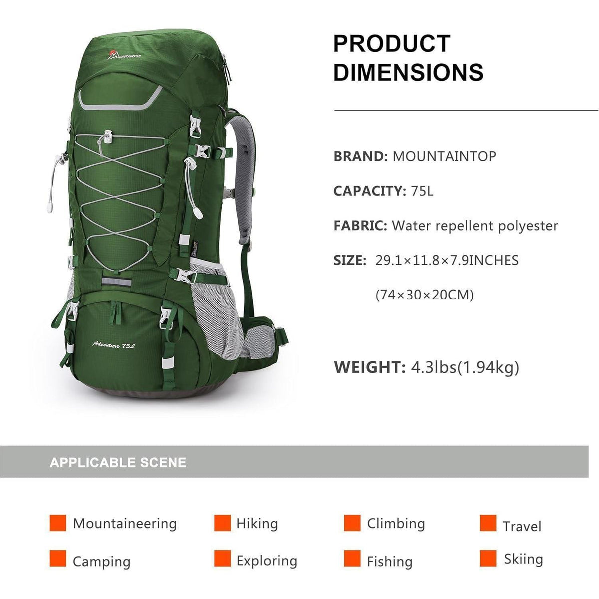75L Trekkingrucksack mit Regenschutz für Damen und Herren