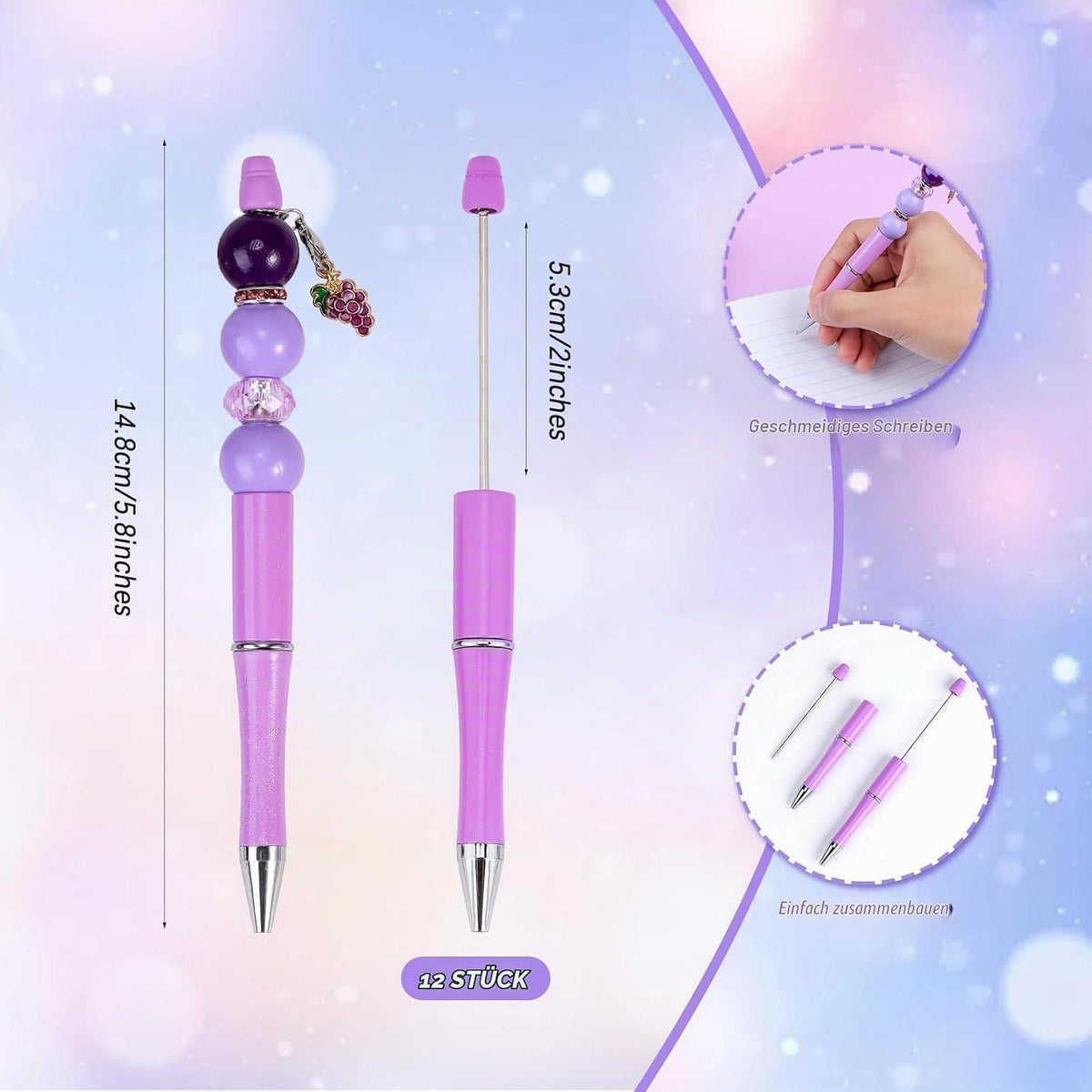 12 DIY Perlenstifte Set Lila - Kugelschreiber Großpackung