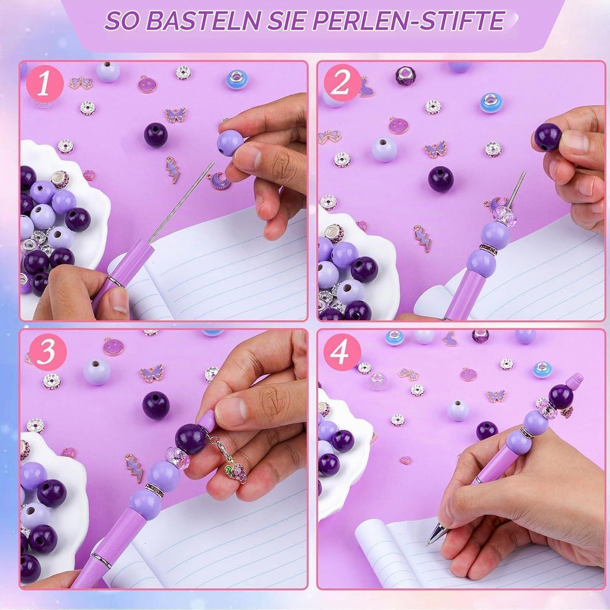 12 DIY Perlenstifte Set Lila - Kugelschreiber Großpackung