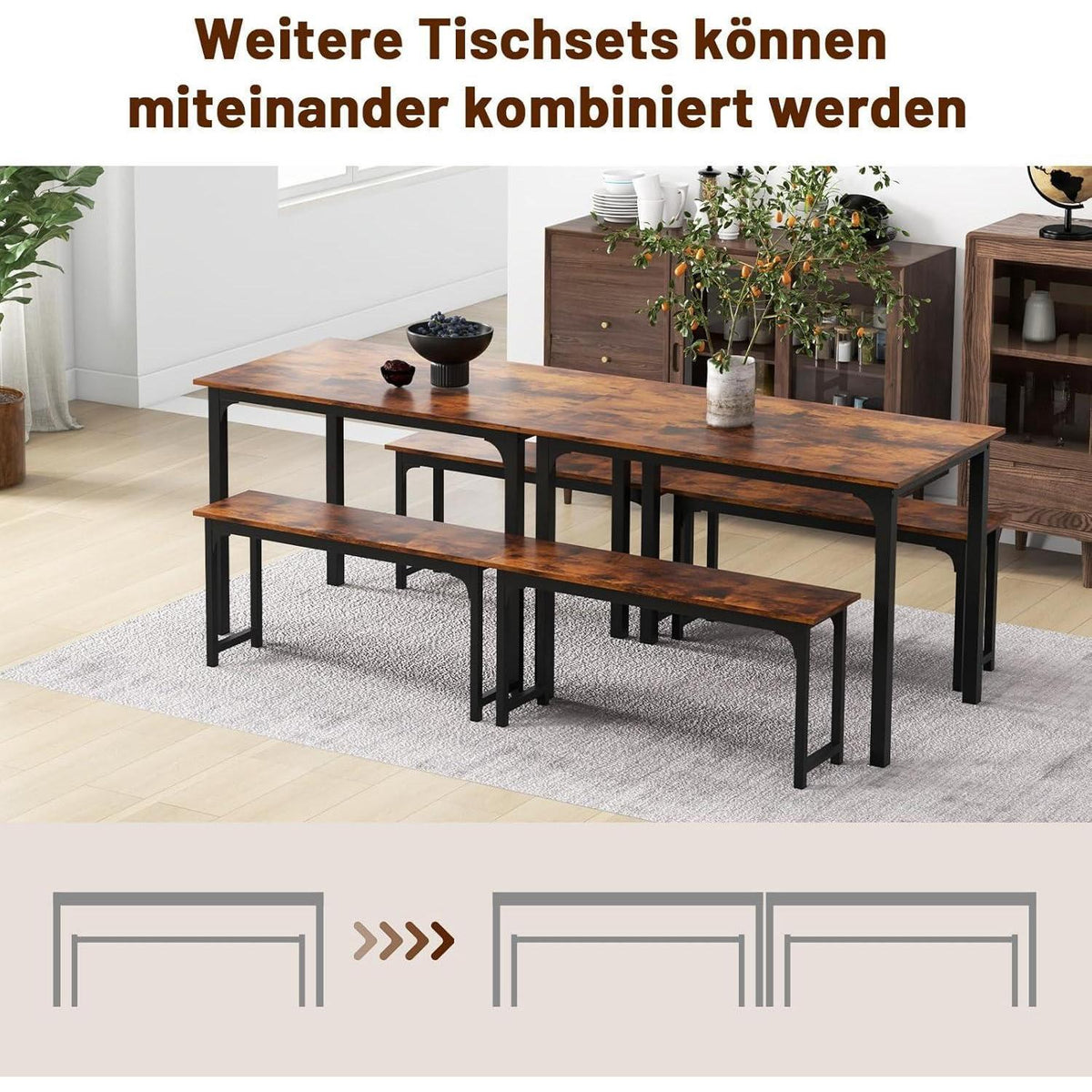 Esstisch Set für 4 Personen | Industriedesign mit 2 Bänken
