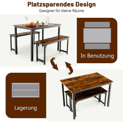 Esstisch Set für 4 Personen | Industriedesign mit 2 Bänken