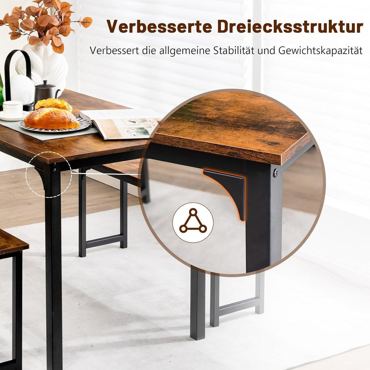 Esstisch Set für 4 Personen | Industriedesign mit 2 Bänken