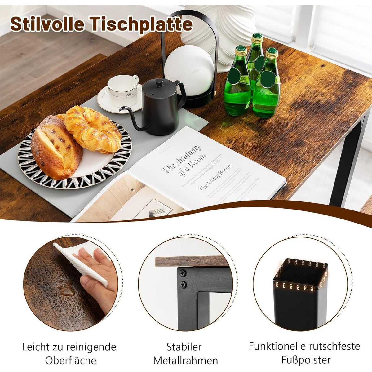 Esstisch Set für 4 Personen | Industriedesign mit 2 Bänken