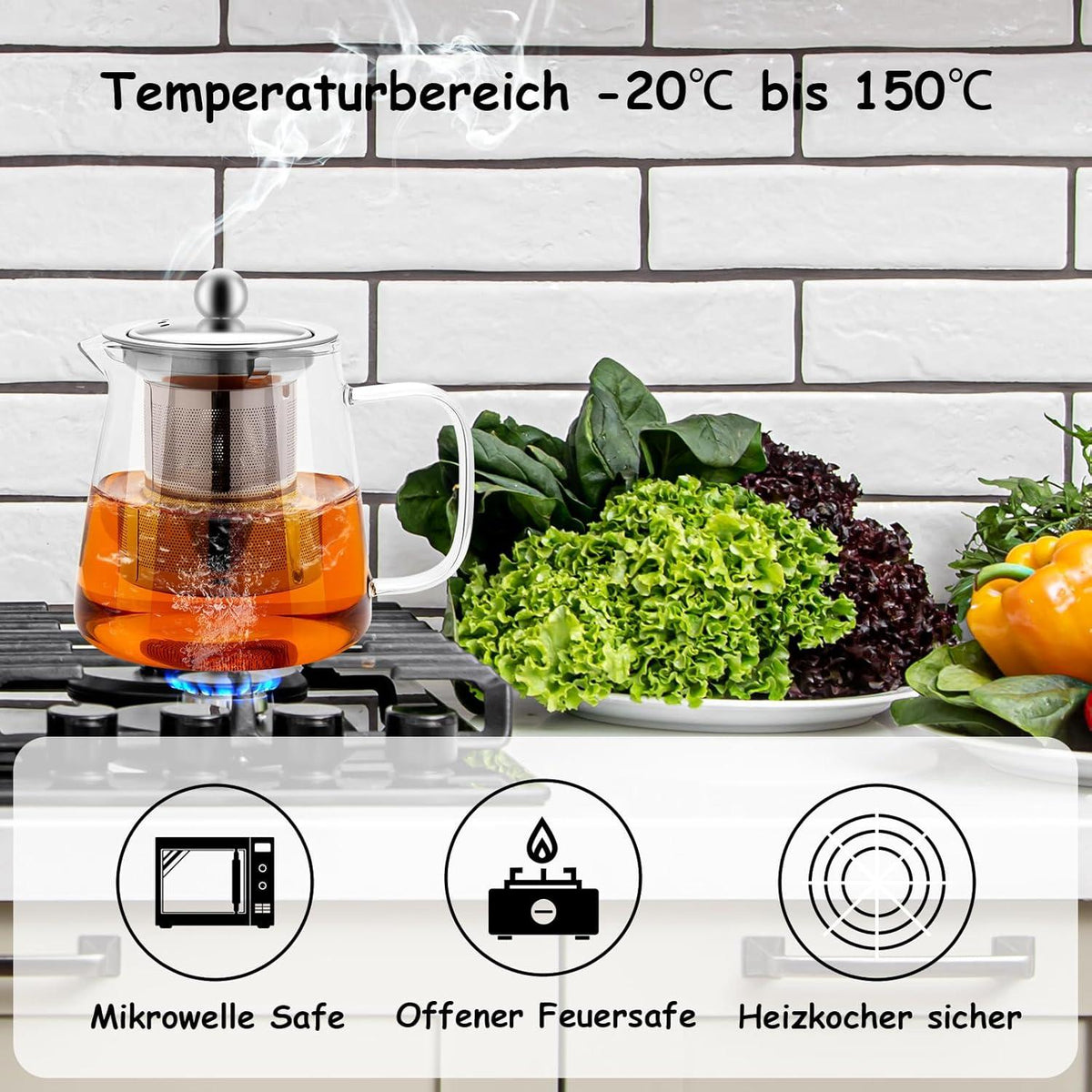Teekanne Glas 750ml Borosilikat Teebereiter Siebeinsatz Klar