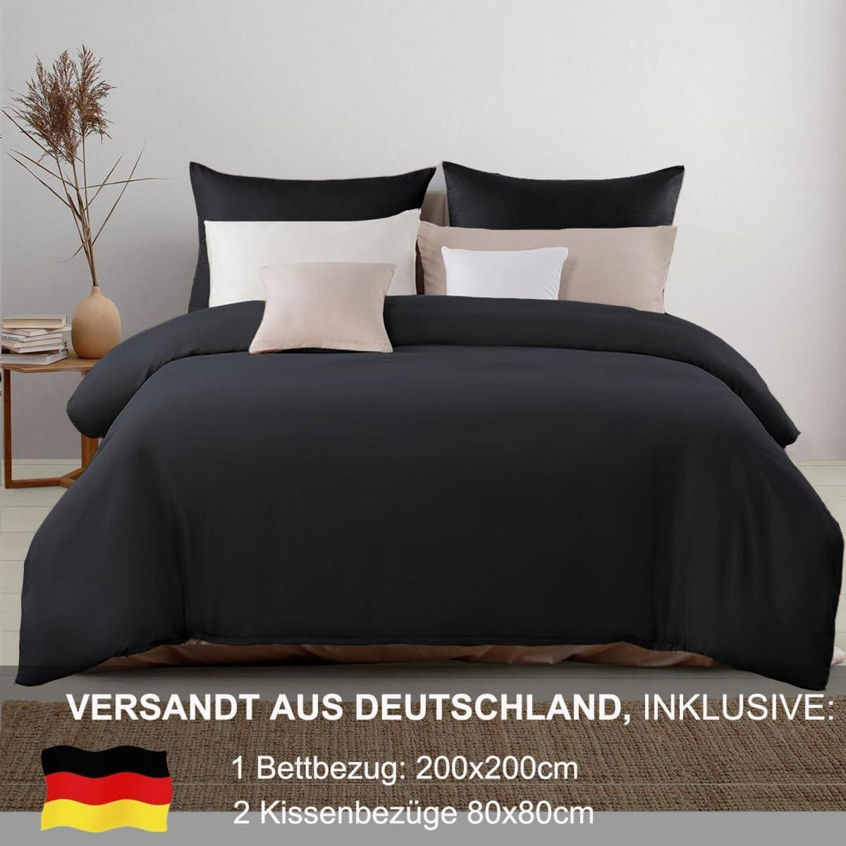 Bettwäsche 200x200 Schwarz Weich Mikrofaser Reißverschluss Set