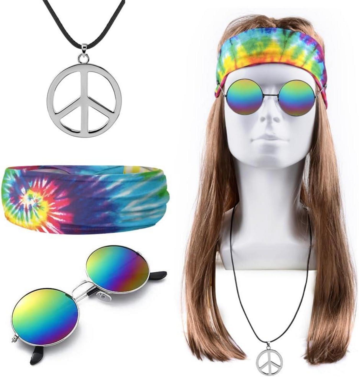 Hippie Kostüm Set Damen Herren Peace Brille Perücke Batik Stirnband